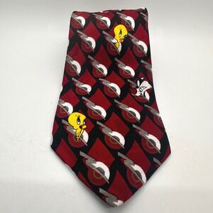 Looney Tunes‎ Tweety Sylvester Red Black Diamond Guitar Pattern Necktie 1994
